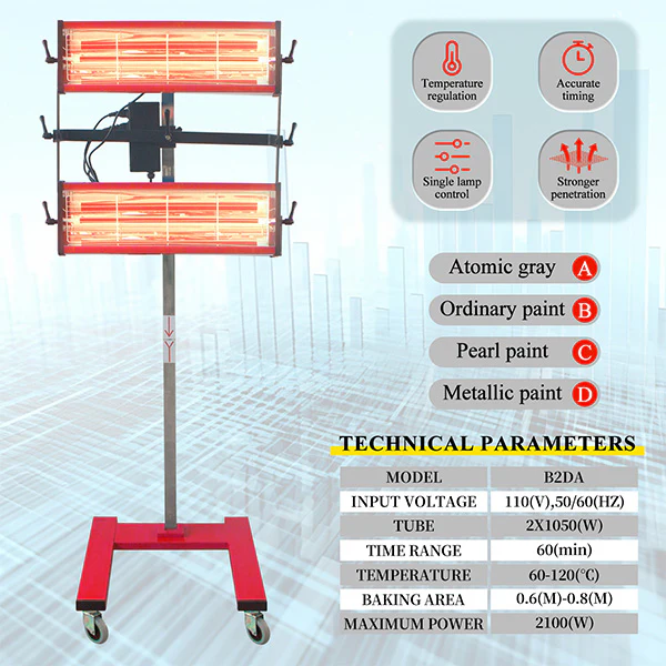 Solary Infrared Paint Curing Lamp, 2100W 110V Short Wave Infrared Paint Dryer with Timer for Car Paint Spray Booth, Red - Image 4
