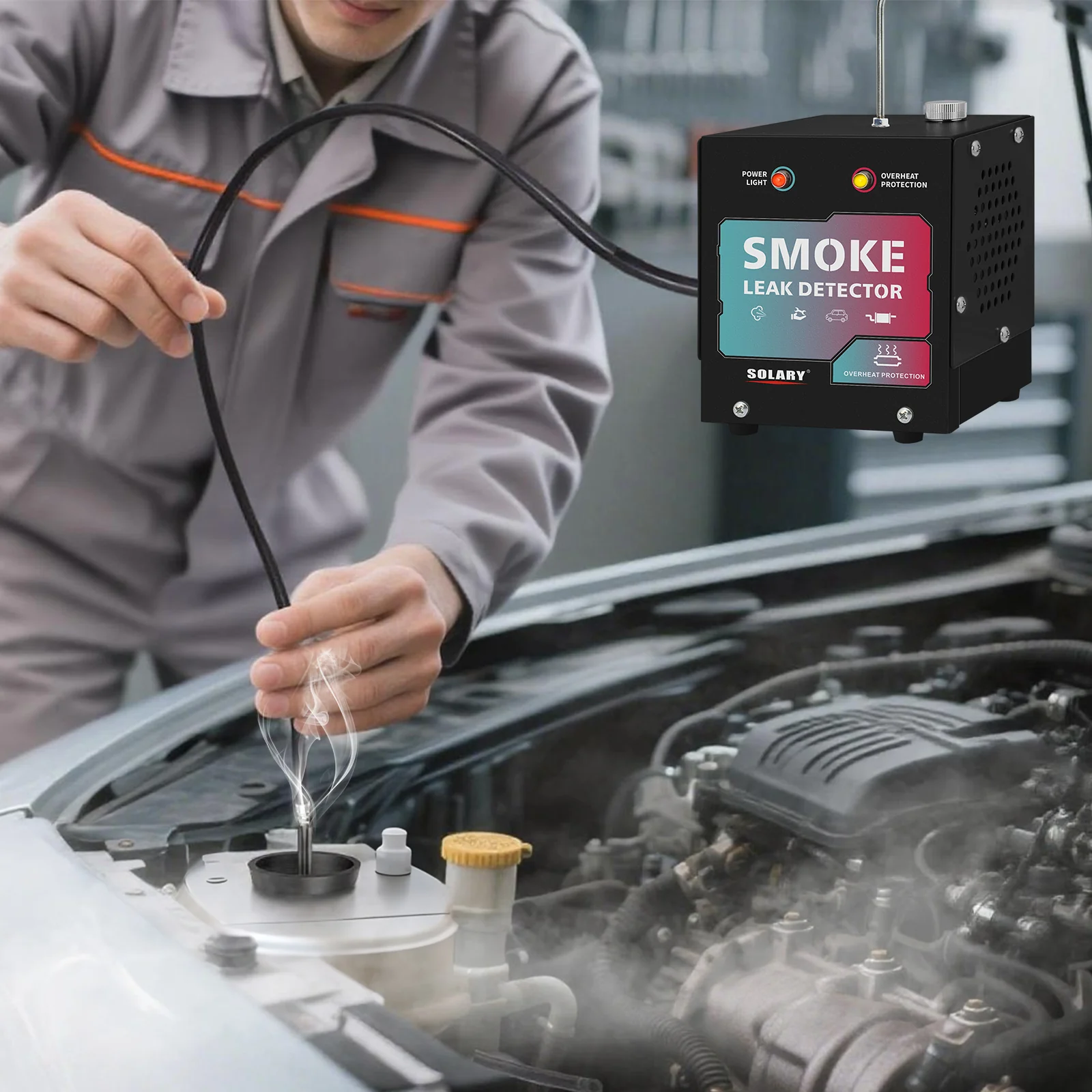 SOLARY Mini Smoke Leak Detector 12V – All-Black EVAP & Vacuum Leak Tester with Built-in Air Pump (No Smoke Oil)-Red-Blue Gradient - Image 7