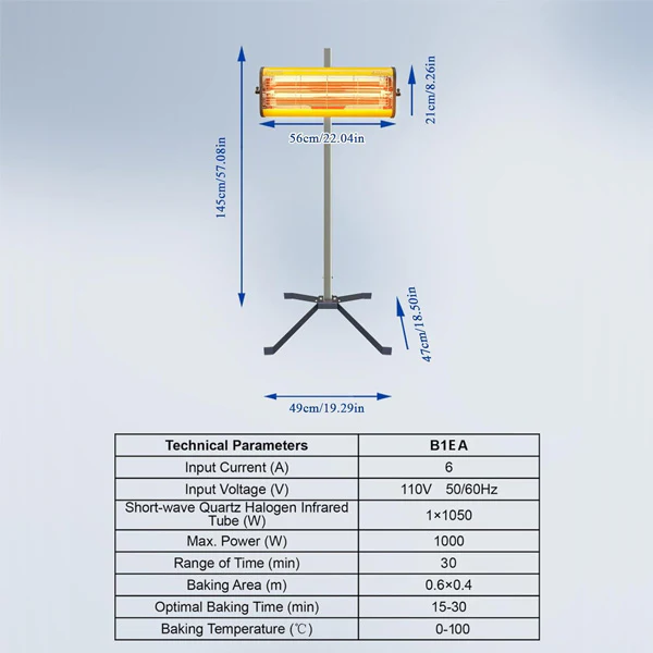 Solary Infrared Paint Curing Lamp, 1050W 110V Short Wave Infrared Paint Baking Lamp with Smart Timer and Stand - Image 9